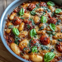 Crémeux skillet de haricots blancs à la tomate et au parmesan, garni de basilic frais.